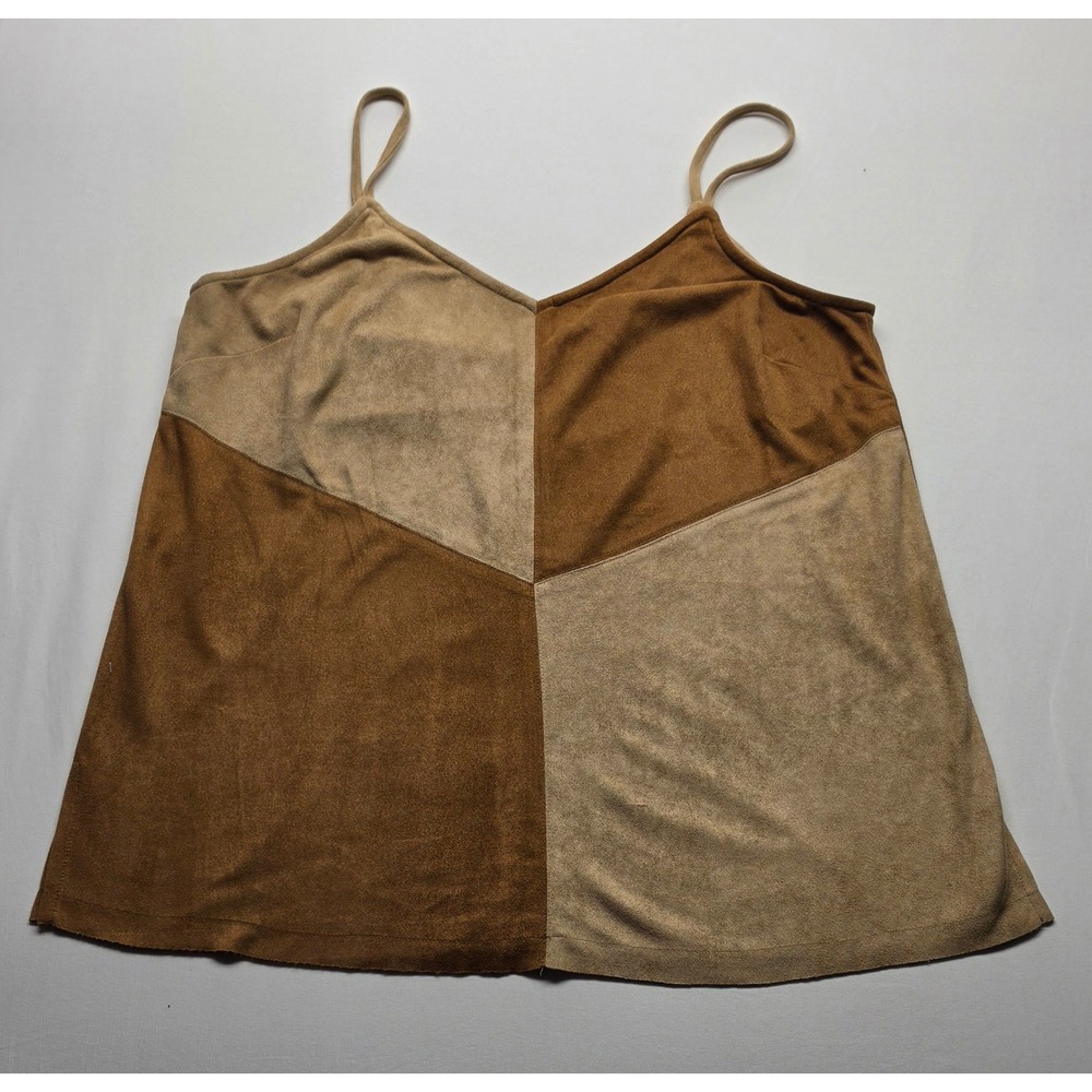 Anna Grace Womens Patchwork Faux Suede Camisole Top Tan Brown V-Neck Large